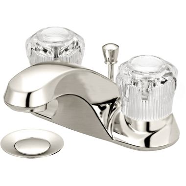 Click here to see Pioneer 3LG100-BN Pioneer Legacy Centerset Bathroom Faucet with Pop-Up Drain, Two-Handle, 1.5 GPM, Acrylic Knob Handle, PVD Brushed Nickel - 3LG100-BN