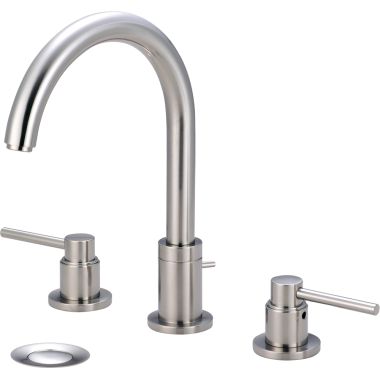 Click here to see Pioneer 3MT400-BN Pioneer Motegi Widespread Bathroom Faucet with Pop-Up Drain, Gooseneck Spout, Two-Handle, 1.2 GPM, Metal Lever Handle, ADA, PVD Brushed Nickel - 3MT400-BN