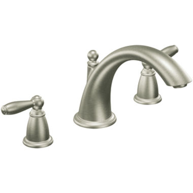 Click here to see Moen T933BN Moen Brantford Two-Handle Roman Tub Faucet Trim, Low Arc Spout, Lever Handles, M-PACT, Brushed Nickel - T933BN