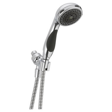 Click here to see Delta 56613 Delta Premium Three-Setting Touch-Clean Handheld Shower with Shower Mount and 60in to 82in Stretchable Metal Hose, 2.5 GPM, Chrome - 56613