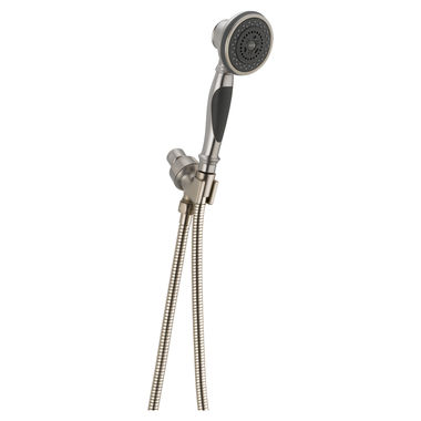 Click here to see Delta 54613-SS Delta Premium Three-Setting Touch-Clean Handheld Shower with Shower Mount and 60in to 82in Stretchable Metal Hose, 1.75 GPM, Stainless - 54613-SS