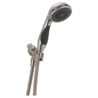 Click here to see Delta 56613-SS Delta Premium Three-Setting Touch-Clean Handheld Shower with Shower Mount and 60in to 82in Stretchable Metal Hose, 2.5 GPM, Stainless - 56613-SS