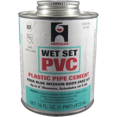 Click here to see Commodity  Aqua Blue Wet Set PVC Plastic Pipe Cement, Medium Body, Fast Set, Pint