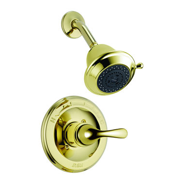 Click here to see Delta T13220-PBSHC Delta Classic Monitor 13 Series Single-Handle Shower Faucet with 5-Setting Rain Showerhead, Touch-Clean, 1.75 GPM, Lever Handle, Polished Brass- T13220-PBSHC