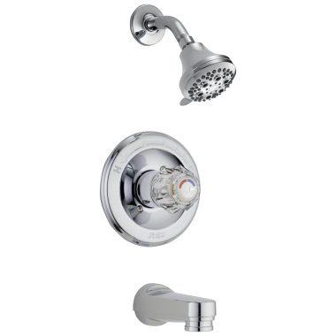 Click here to see Delta T13422-PD Delta Classic Monitor 13 Series Single-Handle Tub/Shower Faucet with 5-Setting Showerhead, Pull-Down Diverter Spout, 1.75 GPM, Clear Knob Handle, Chrome - T13422-PD