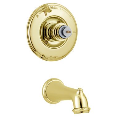Click here to see Delta T14155-PBLHP Delta Victorian Monitor 14 Series Tub Faucet Trim, Non-Diverter Tub Spout, Less Handle, Polished Brass - T14155-PBLHP
