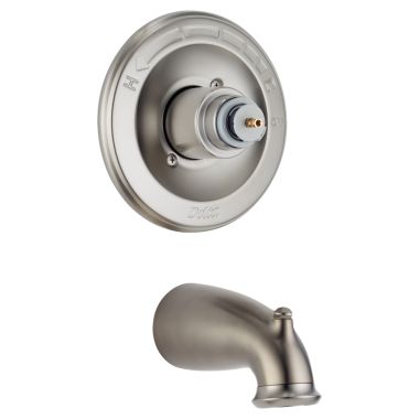 Click here to see Delta T14178-SSLHP Delta Leland Single-Handle Monitor 14 Series Tub Faucet Trim, Non-Diverter Tub Spout, Less Handles, Stainless - T14178-SSLHP