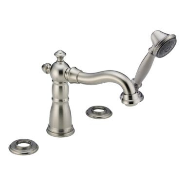 Click here to see Delta T4755-SSLHP Delta Victorian Two-Handle Roman Tub Faucet Trim with 1.75 Single-Setting Hand Shower, Hook Spout, Less Handles, Stainless - T4755-SSLHP