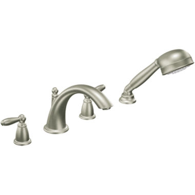 Click here to see Moen T924BN Moen Brantford Roman Tub Faucet Trim with 1.75 GPM One-Function Hand Shower, Low Arc Spout, Lever Handles, M-PACT, Brushed Nickel - T924BN