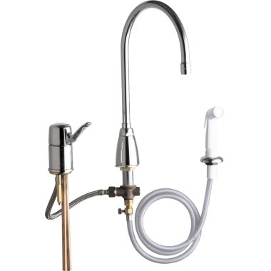 Click here to see Chicago Faucet 2304-ABCP Chicago Faucets 2304-ABCP Single Lever Hot and Cold Water Mixing Sink Faucet with Side Spray