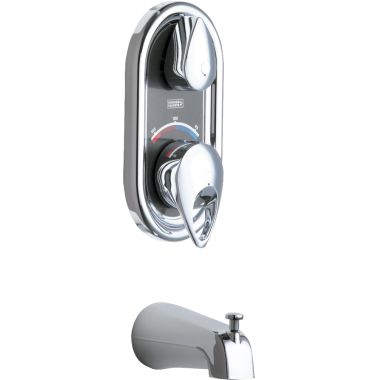 Click here to see Chicago Faucet 2501-CP Chicago Faucets Two-Handle TempShield Thermostatic Pressure Balancing Tub Faucet, Lever Handles, Diverter Tub Spout, Chrome Plated - 2501-CP