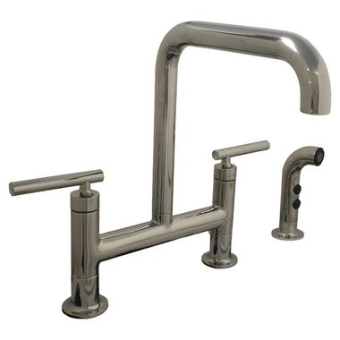 Click here to see Kohler 7548-4-SN Kohler Purist Two Handle Deck-Mount Bridge Faucet w/ Side Spray, Lever Handles, Polished Nickel - K-7548-4-SN