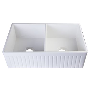 Click here to see Alfi AB537-W ALFI AB537-W Double Bowl Fluted Fireclay Farmhouse Apron Kitchen Sink, 33