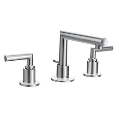 Click here to see Moen TS43002 Moen Arris Two-Handle Low Arc Chrome Widespread Bathroom Faucet with Metal Pop-Up, M-PACT, 1.2 GPM, ADA Lever Handle, Three-Hole, WaterSense - TS43002