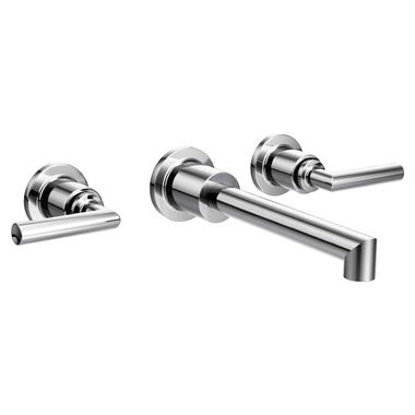 Click here to see Moen TS43003 Moen Arris Two-Handle Wall-Mount Chrome Widespread Bathroom Faucet, M-PACT, 1.2 GPM, ADA Lever Handle, Three-Hole, WaterSense - TS43003