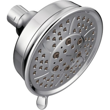 Click here to see Moen 3638 Moen Four-Spray Function Shower Head, Round, 4-3/8in Diameter Face, Nonmetallic Spray Face, Fixed Wall-Mount Installation, 2.5 GPM, Chrome - 3638