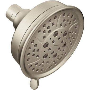 Click here to see Moen 3638BN Moen Four-Spray Function Shower Head, Round, 4-3/8in Diameter Face, Nonmetallic Spray Face, Fixed Wall-Mount Installation, 2.5 GPM, Brushed Nickel - 3638BN