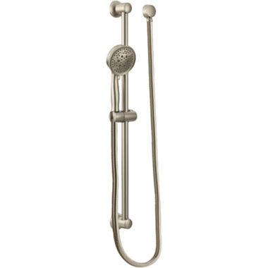 Click here to see Moen 3667EPBN Moen 4-3/8in Four-Function Handheld Shower with 30in Slide Bar, Round, Eco-Performance, 1.75 GPM, WaterSense, Brushed Nickel - 3667EPBN