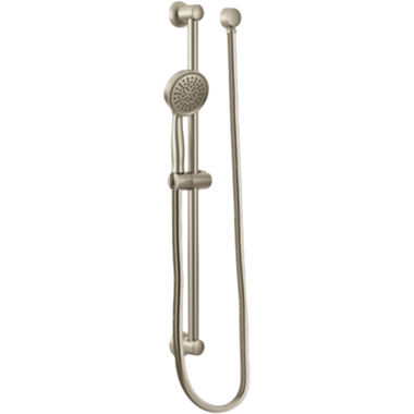 Click here to see Moen 3668EPBN Moen 4-1/4in Single-Function Hand Shower with 24in Slide Bar, Round, Eco-Performance, 1.75 GPM, WaterSense, 59in Hose, Brushed Nickel - 3668EPBN