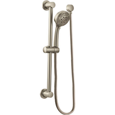 Click here to see Moen 3669EPBN Moen 4in Four-Function Handheld Shower with 30in Slide Bar, Round, Eco-Performance, 1.75 GPM, WaterSense-Certified, Brushed Nickel - 3669EPBN