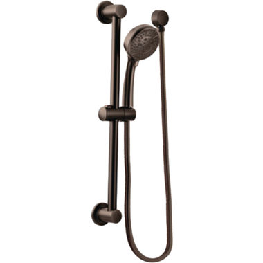 Click here to see Moen 3669EPORB Moen 4in Four-Function Handheld Shower with 30in Slide Bar, Round, Eco-Performance, 1.75 GPM, WaterSense-Certified, Oil Rubbed Bronze - 3669EPORB