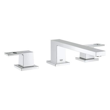 Click here to see Grohe 117982 GROHE Eurocube Two-Handle Deck-Mount Roman Tub Faucet, 3-Hole, Lever Handles, StarLight Chrome - 117982