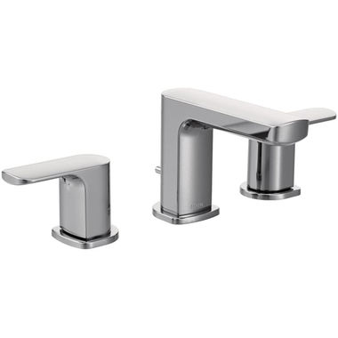 Click here to see Moen T6920 Moen Rizon Two-Handle Low Arc Widespread Chrome Bathroom Faucet, 1.2 GPM, 60 PSI, WaterSense, Lever Handles, Three-Holes - T6920