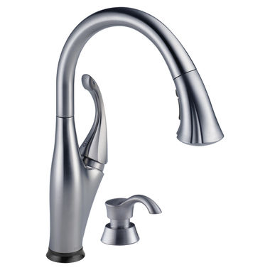 Click here to see Delta 9192T-ARSD-DST Delta Addison Touch2O Single Handle Pull-Down Kitchen Faucet w/ Soap Dispenser, Arctic Stainless - 9192T–ARSD–DST