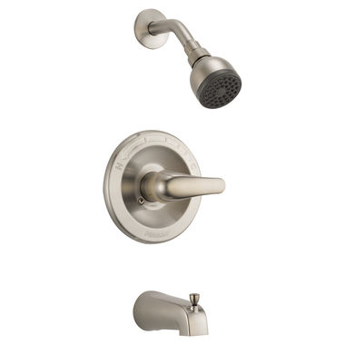 Click here to see Peerless PTT188753-BN Peerless Core Round Single-Handle Pressure Balance Tub and Shower Faucet with Slip-On Tub Spout, 1.5 GPM, Lever Handle, Brushed Nickel - PTT188753-BN