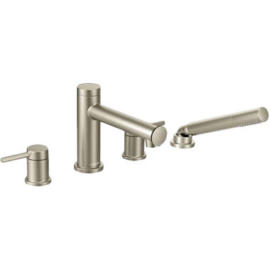 Click here to see Moen T394BN Moen Align Two-Handle Roman Tub Faucet Trim with 1.75 GPM One-Function Hand Shower, Lever Handles, M-PACT, Brushed Nickel - T394BN
