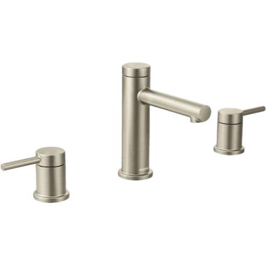 Click here to see Moen T6193BN Moen Align Two-Handle High Arc Brushed Nickel Widespread Bathroom Faucet with Red/Blue Indicators, M-PACT, 1.2 GPM, ADA Lever Handle, Three-Hole - T6193BN