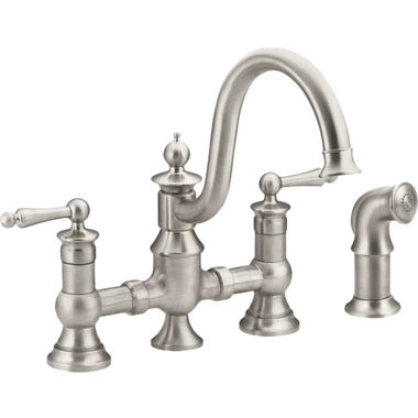 Click here to see Moen S713SRS Moen Waterhill Two-Handle Bridge Kitchen Faucet w/ Side Spray, Spot Resist Stainless - S713SRS