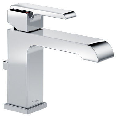 Click here to see Delta 567LF-TP Delta Ara Angular Spout Chrome Lavatory Faucet with Escutcheon and Red/Blue Indicators, 1.2 GPM, Single-Handle, DIAMOND Seal, Tract Pack - 567LF-TP
