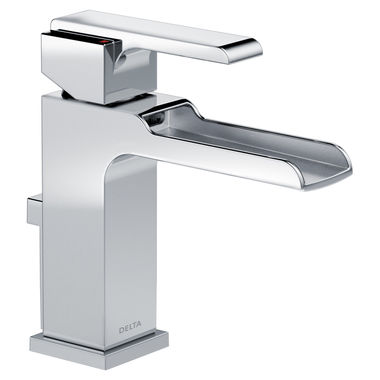 Click here to see Delta 568LF-MPU Delta Ara Channel Spout Chrome Lavatory Faucet with Escutcheon and Red/Blue Indicators, Metal Pop-Up, 1.2 GPM, Single-Handle, DIAMOND Seal - 568LF-MPU