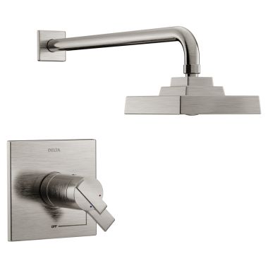 Click here to see Delta T17T267-SS Delta Ara TempAssure 17T Series Two-Handle H2Okinetic Shower Faucet with Single-Setting Rain Showerhead, 1.75 GPM, Lever Handles, Stainless - T17T267-SS