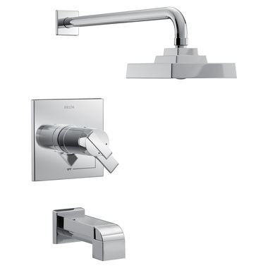 Click here to see Delta T17T467 Delta Ara TempAssure 17T Series H2Okinetic Tub/Shower Faucet with Single-Setting Rain Showerhead, Two-Handle, 1.75 GPM, Lever Handles, Chrome - T17T467