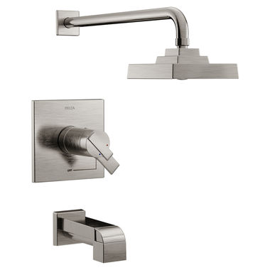 Click here to see Delta T17T467-SS Delta Ara TempAssure 17T Series H2Okinetic Tub/Shower Faucet with Single-Setting Rain Showerhead, Two-Handle, 1.75 GPM, Lever Handles, Stainless - T17T467-SS