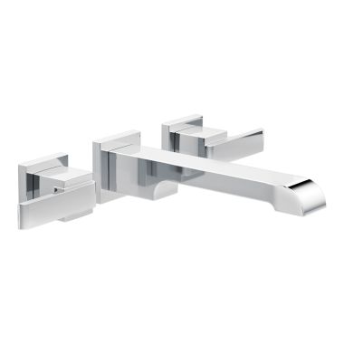 Click here to see Delta T3567LF-WL Delta Ara Angular Spout Wall-Mount Chrome Lavatory Faucet Trim, Less Pop-Up, 1.2 GPM, Two-Handle, Less Rough-In - T3567LF-WL