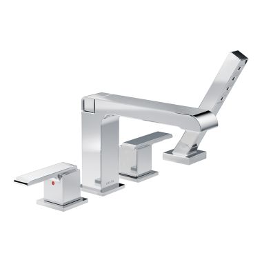 Click here to see Delta T4767 Delta Ara Two-Handle Roman Tub Faucet Trim with 1.75 GPM Single-Setting Hand Shower, H2Okinetic, Angular Spout, Lever Handles, Chrome - T4767