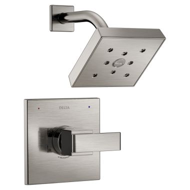 Click here to see Delta T14267-SS Delta Ara Monitor 14 Series Single-Handle H2Okinetic Shower Faucet with Single-Setting Rain Showerhead, 1.75 GPM, Lever Handle, Stainless - T14267-SS
