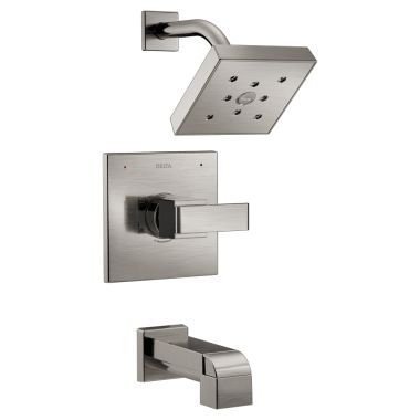 Click here to see Delta T14467-SS Delta Ara Monitor 14 Series H2Okinetic Tub/Shower Faucet with Single-Setting Showerhead, 1.75 GPM, Single-Handle, Lever Handle, Stainless - T14467-SS