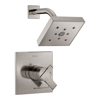 Click here to see Delta T17267-SS Delta Ara Monitor 17 Series Two-Handle Shower Faucet with Volume Control, H2Okinetic Rain Showerhead, 1.75 GPM, Lever Handles, Stainless - T17267-SS