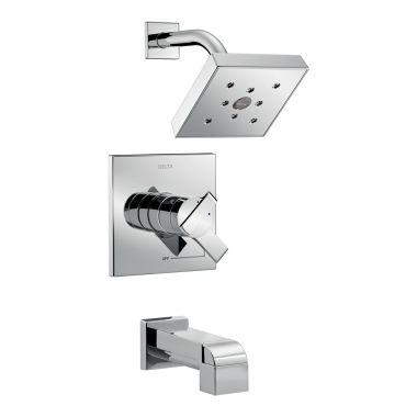 Click here to see Delta T17467 Delta Ara Monitor 17 Series Two-Handle Tub/Shower Faucet with H2Okinetic Rain Showerhead, 1.75 GPM, Lever Handles, Chrome - T17467