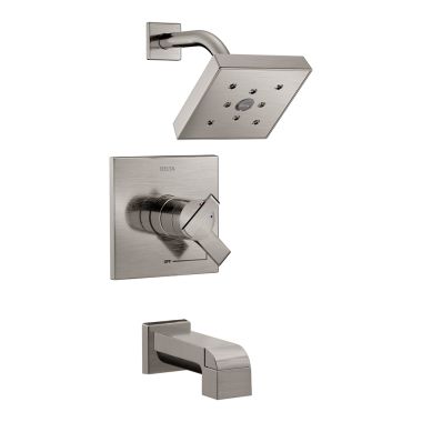 Click here to see Delta T17467-SS Delta Ara Monitor 17 Series Two-Handle Tub/Shower Faucet with H2Okinetic Rain Showerhead, 1.75 GPM, Lever Handles, Stainless - T17467-SS