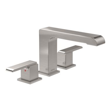 Click here to see Delta T2767-SS Delta Ara Two-Handle Roman Tub Faucet Trim, Angular Spout, Lever Handles, ADA-Compliant, Stainless - T2767-SS