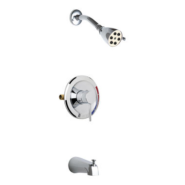 Click here to see Chicago Faucet SH-PB1-01-100 Chicago Faucets Wall-Mounted Pressure Balancing Tub/Shower Faucet with Valve, 2.5 GPM, 80 PSI, ADA, Polished Chrome - SH-PB1-01-100