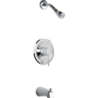 Click here to see Chicago Faucet SH-TK1-03-100 Chicago Faucet Wall-Mounted Pressure Balacing Tub/Shower Faucet with Shower Head and Tub Spout, 2.5 GPM, 80 PSI, Polished Chrome - SH-TK1-03-100