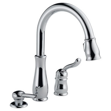 Click here to see Delta 978-SD-DST Delta Leland Single-Handle Kitchen Pull-Down Faucet w/ Soap Dispenser, 3 Hole, Chrome - 978-SD-DST