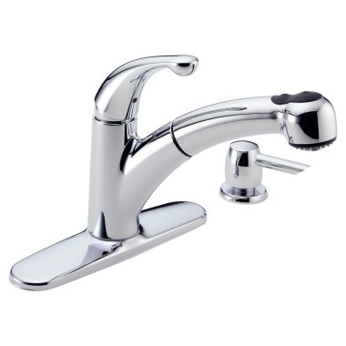 Click here to see Delta 467-SD-DST Delta 467-SD-DST Palo 1-Handle Pull-Out Kitchen Faucet with Soap Dispenser (Chrome)