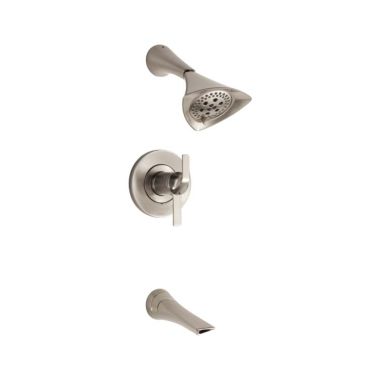 Click here to see Brizo T60450-NK Brizo Sotria TempAssure Thermostatic Tub/Shower Faucet with H2Okinetic Rain Showerhead, 1.75 GPM, Two-Handle, Lever Handles, Brilliance Luxe Nickel - T60450-NK